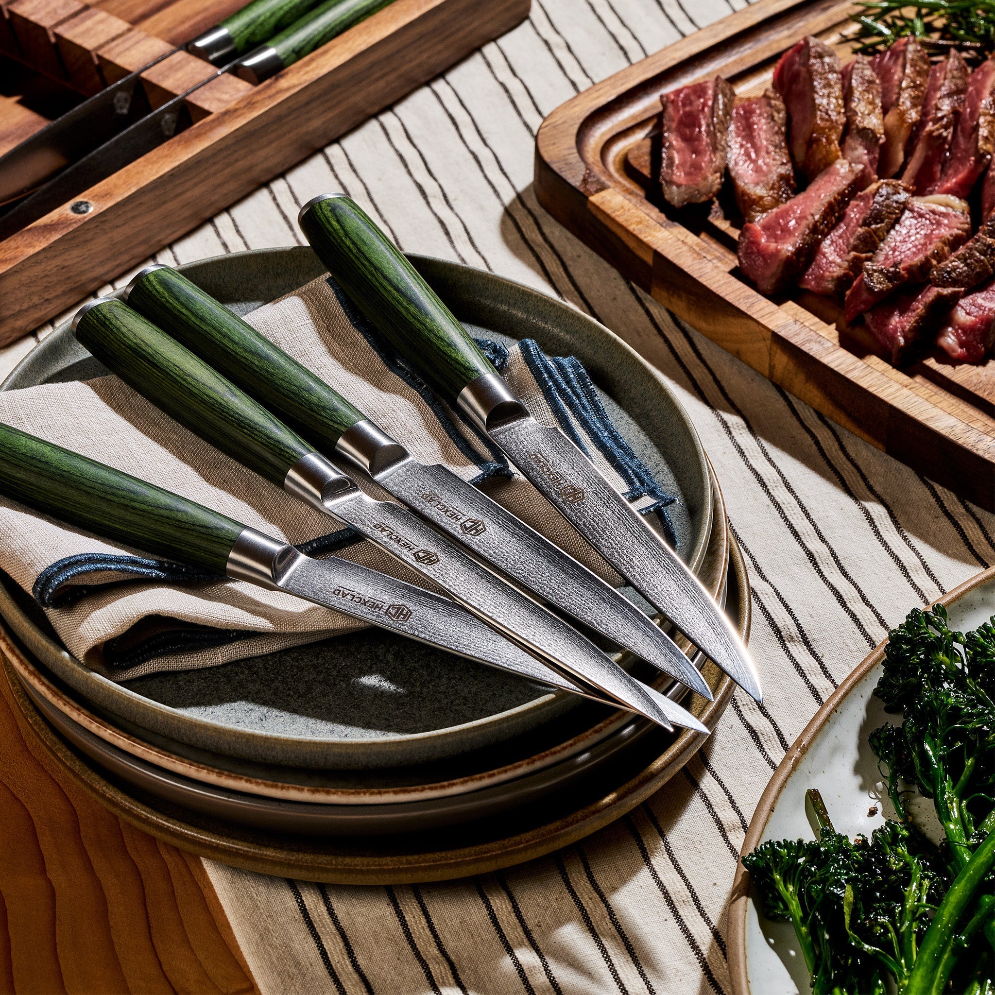 Damascus Steel Steak Knife Set, 8-pc (Green)